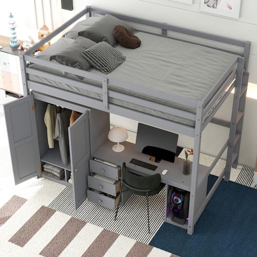 Loft Bed with Wardrobe, Desk and Storage Drawers H15876