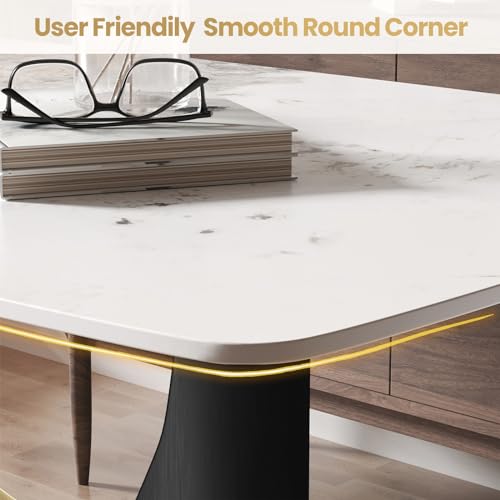63" White Marble Sintered Stone Top Rectangular Dining Table with U-Shape Black Carbon Steel Pedestal C59820