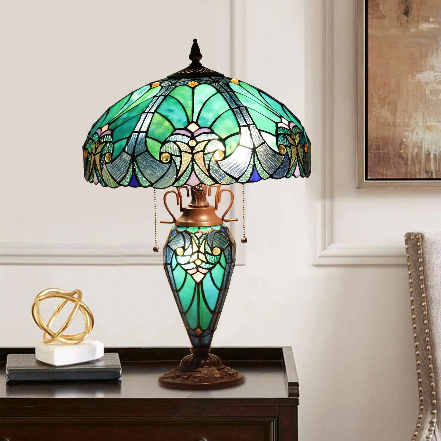 Handmade Stained Glass Table Lamp, 16" Wide, Sea Green Victorian Style W96750