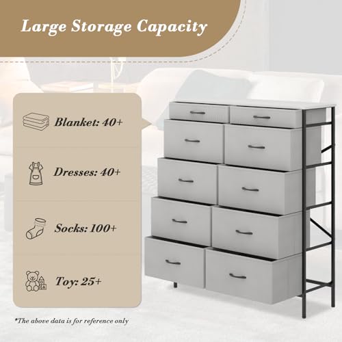 Double Dresser with 10 Drawers, TV Stand Chest of Drawers, Fabric Organizer with Metal Frame and Wooden Top K2520