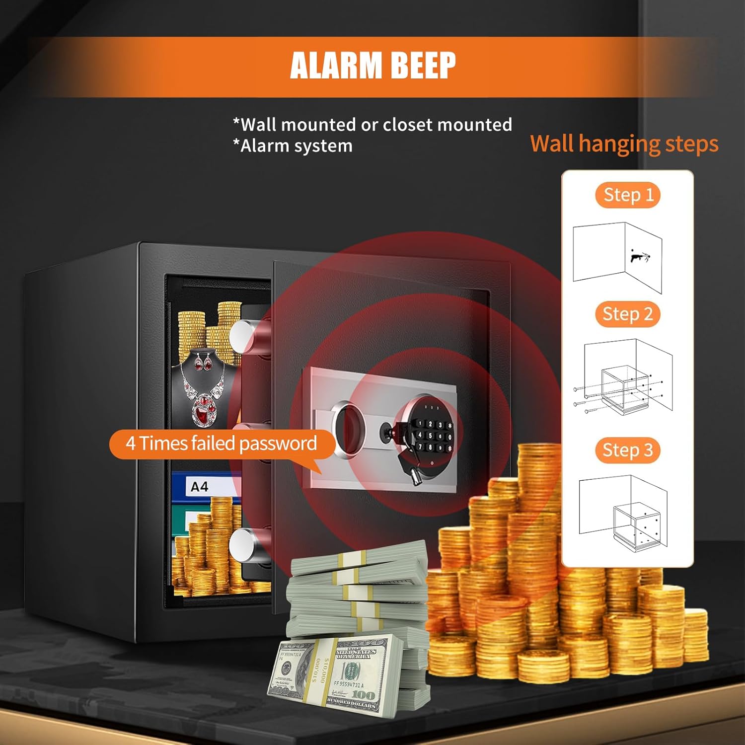 Fireproof Waterproof Home Safe Box with Digital Keypad and Detachable Shelf R518