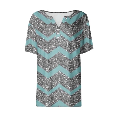 Women's Casual Print Button Down Henley V-Neck Short Sleeve Tunic P8447