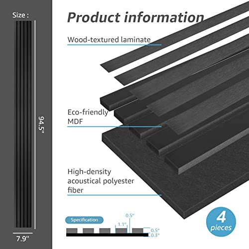 Wood Slat Acoustic Panels for Wall and Ceiling, 3D Textured, Matte Black C593959