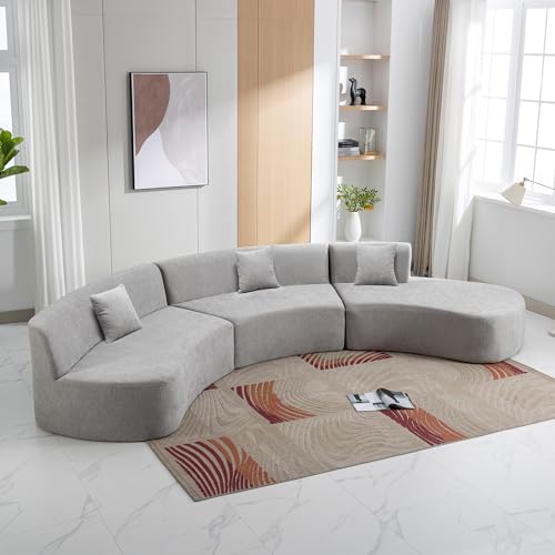 Curved Chenille Sectional Sofa with Three Throw Pillows, Grey I1781