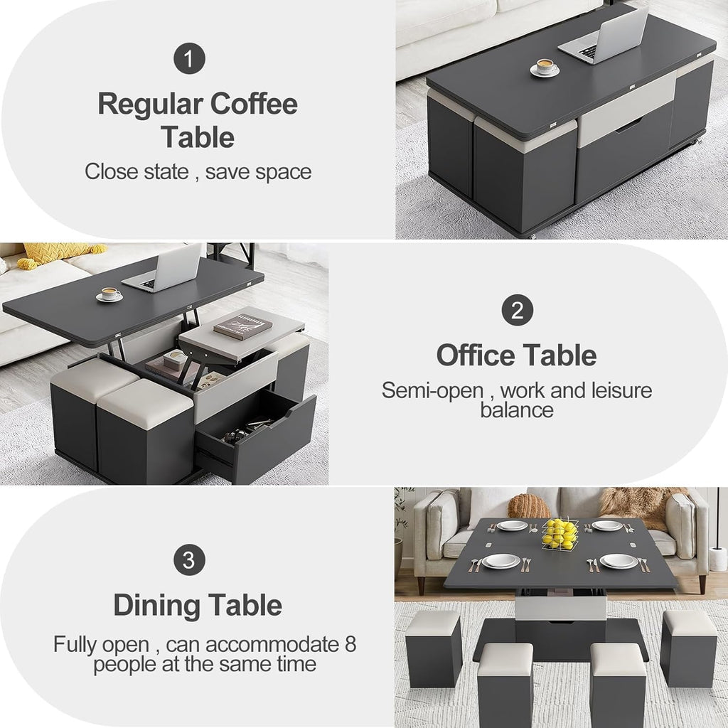 Lift Top Coffee Table, 3-in-1 Adjustable with Storage and Wheels E4192