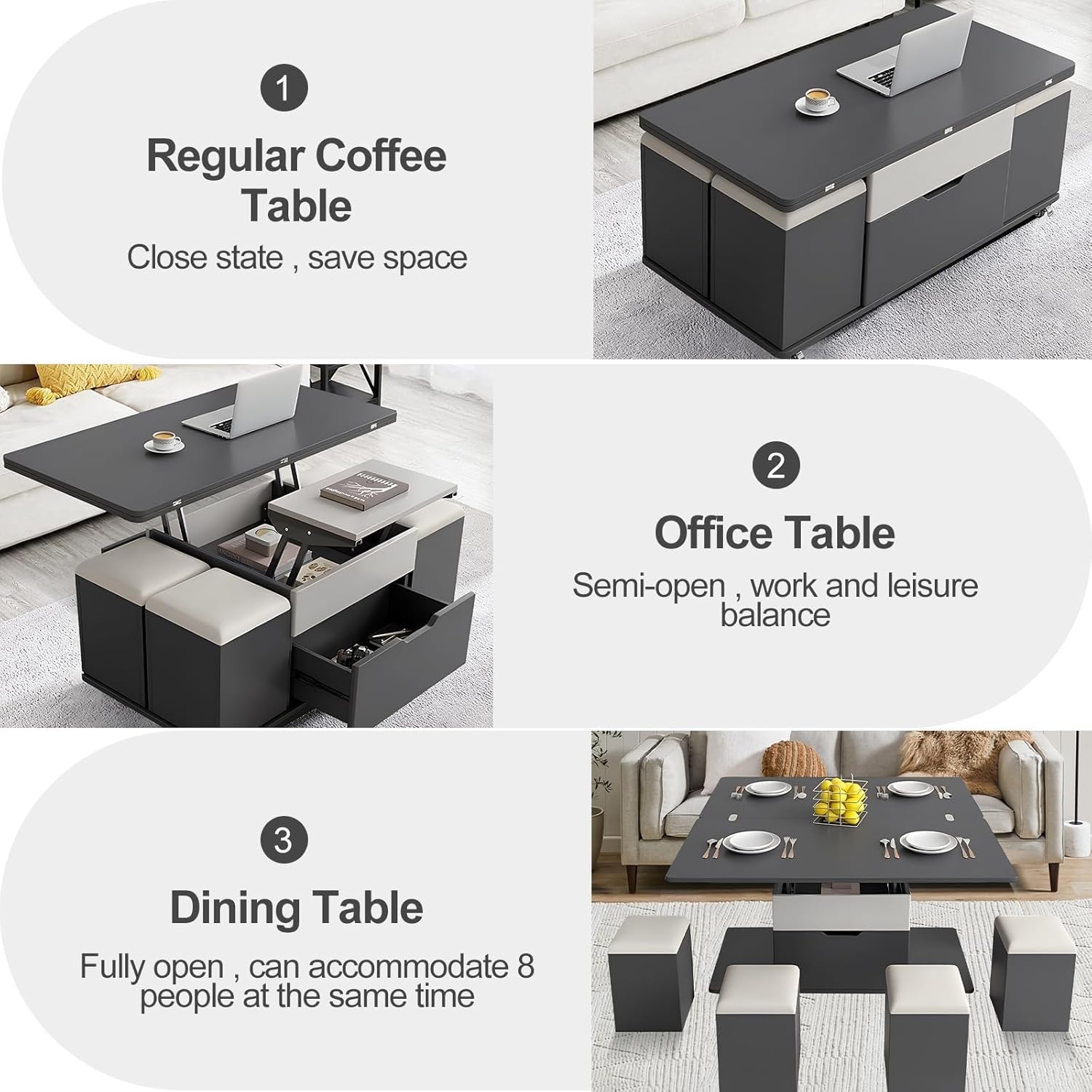 Lift Top Coffee Table, 3-in-1 Adjustable with Storage and Wheels E4192