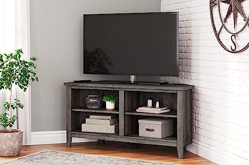 Corner TV Stand with 4 Shelves, Fits TVs Up to 58 Inches, Whitewash & Gray V26755