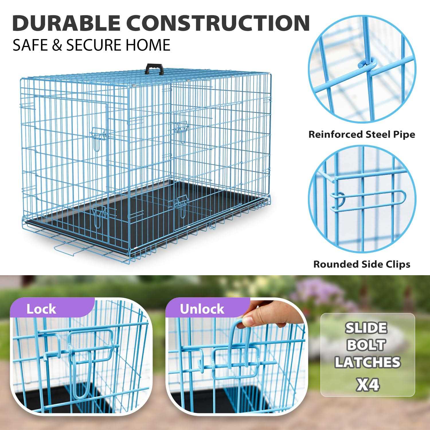 Folding Wire Dog Crate with Double-Door for Large Dogs Y95544
