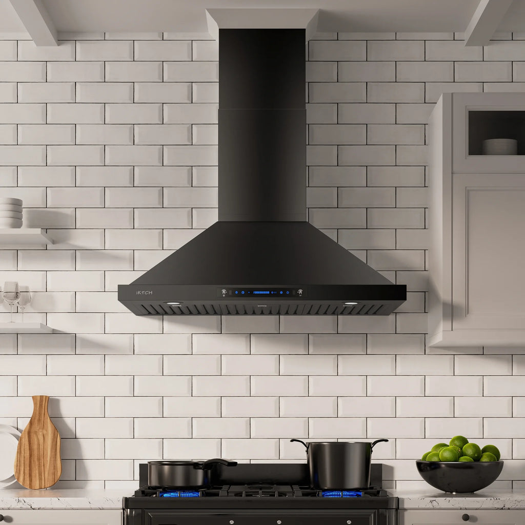 30 inch Black Wall Mount Range Hood, 900 CFM Ducted/Ductless Stainless Steel Vent Hood with Touch Control R7436