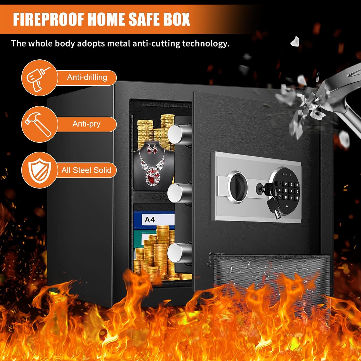 Fireproof Waterproof Home Safe Box with Digital Keypad and Detachable Shelf R518