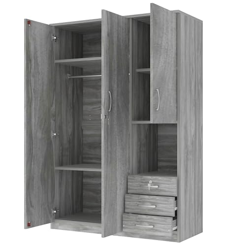 Wooden Wardrobe Closet Organizer with Drawers, Hanging Rail and Shelves, 3 Doors, Grey K181254