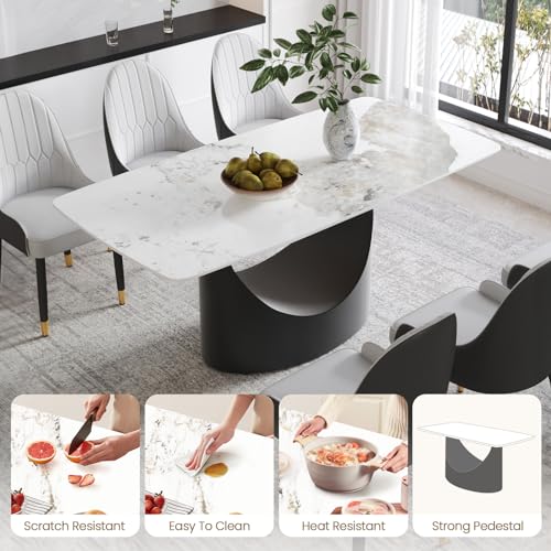 63" White Marble Sintered Stone Top Rectangular Dining Table with U-Shape Black Carbon Steel Pedestal C59820