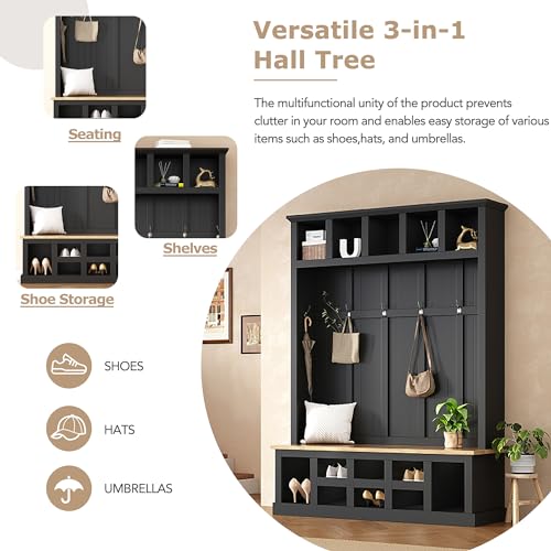 Wide Entryway Hall Tree with Storage Bench and Coat Rack, Black Q955087