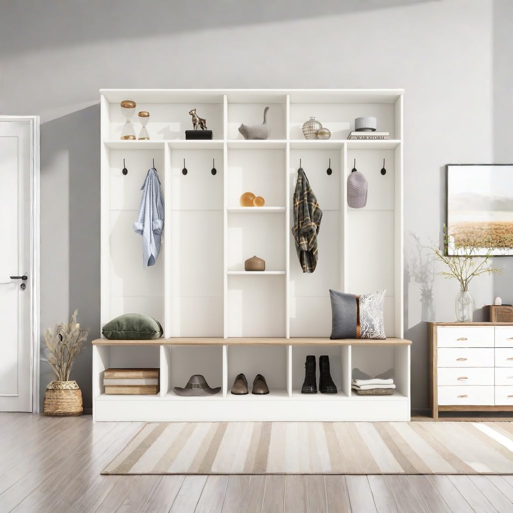 Coat Rack with 8 Hooks and Storage Bench T954674