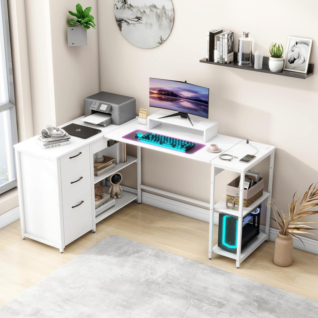 Vabches 61" L Shaped Computer Desk with Lift Top, L Shaped Desk with Power Outlets, L Shaped Gaming Desk with Drawers with Open Storge Shelf Monitor Stand, Home Office Desk with USB Port