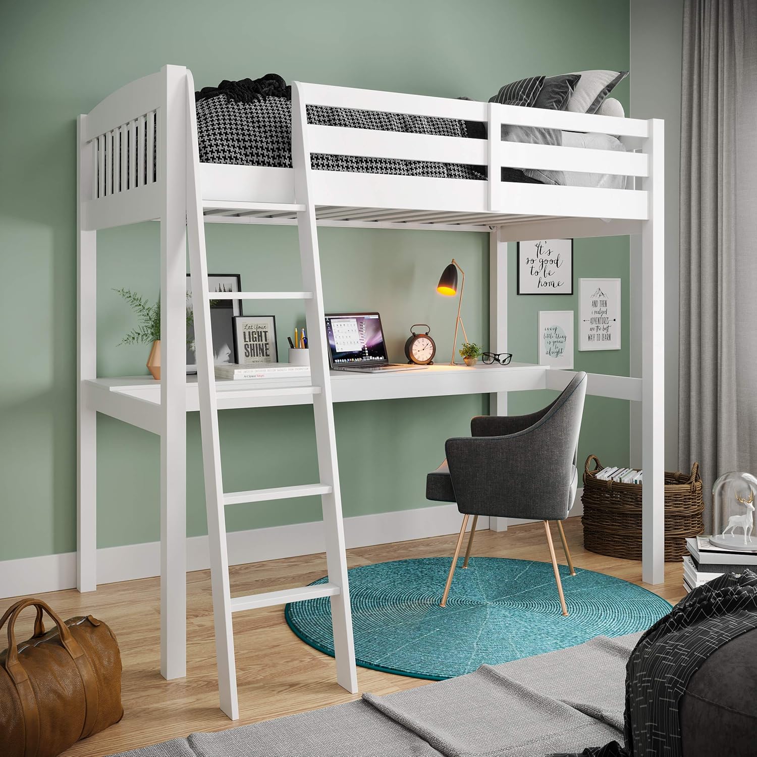 Everest White High Loft Bed with Desk and Storage, Heavy Duty Solid Wood Twin Size Loft Bed Frame with Stairs for Kids and Toddlers, No Box Spring Needed