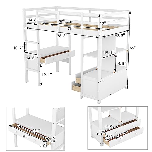 Full Size Loft Bed Frame with Desk and Storage, Solid Wood P683