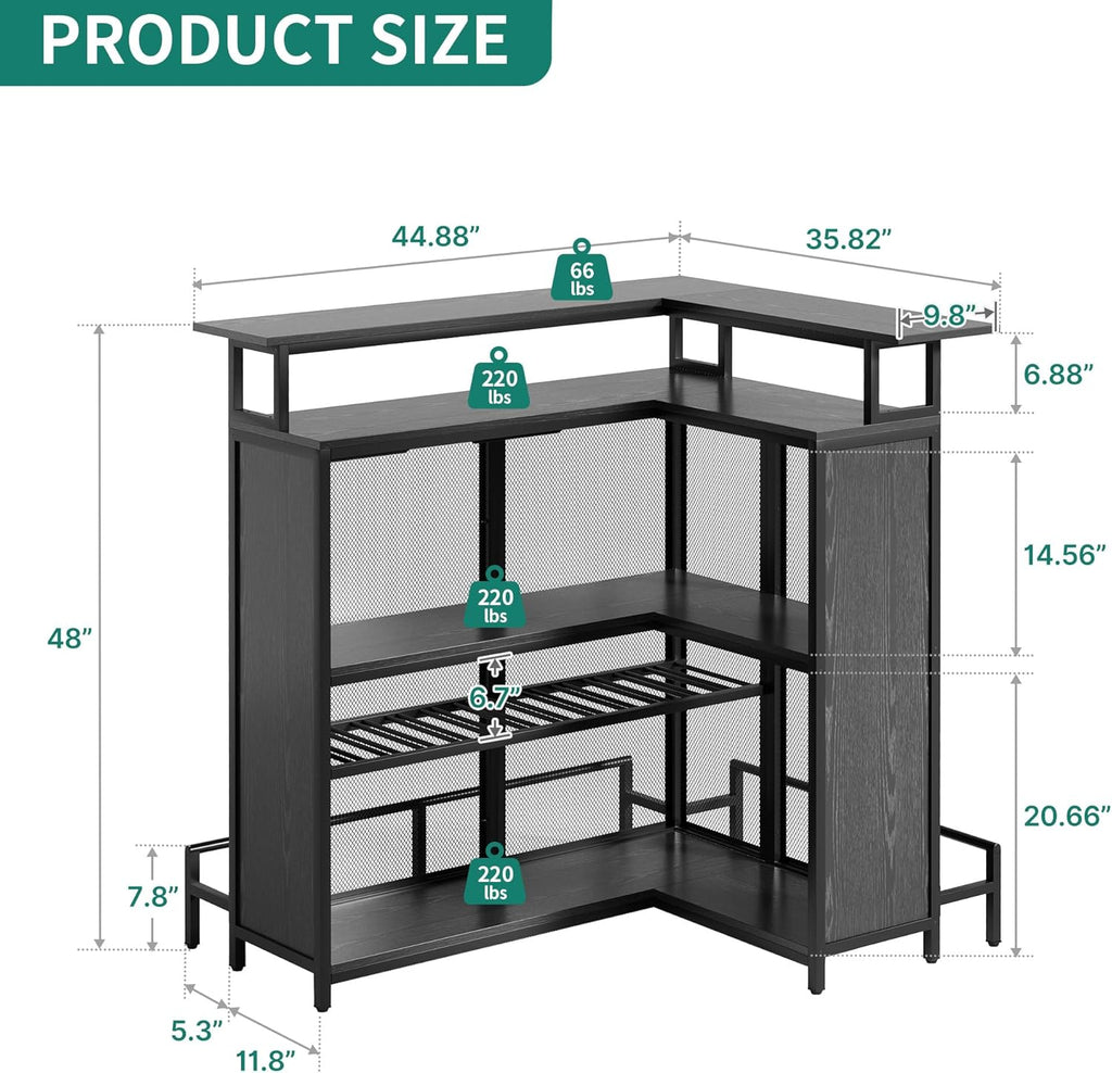 L Shaped Mini Home Bar Unit with Music Sensing LED Light and Wine Rack Y696994