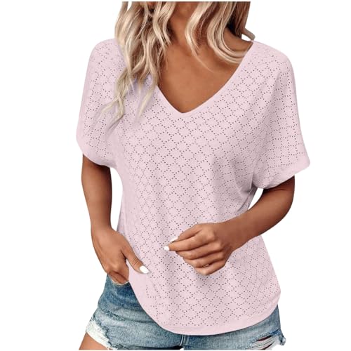 Summer Tops for Women 2024 Breathable Eyelets Blouses Dressy Casual V Neck Shirts Short Sleeve Soft Textured Tunic Tops