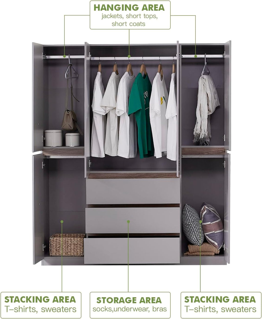 Wooden Armoire Wardrobe Closet, 4-Door 3 Drawers, Gray K556