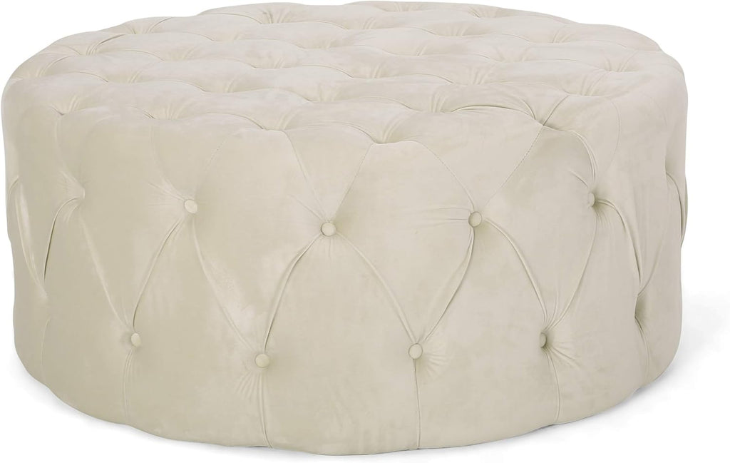 Round Tufted Velvet Ottoman, Beige Z192983