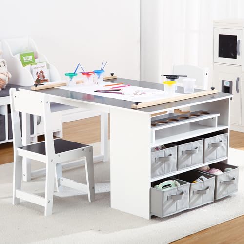 Kids Art Table and Chairs Set with Storage Desk and Art Supply Organizer I94392
