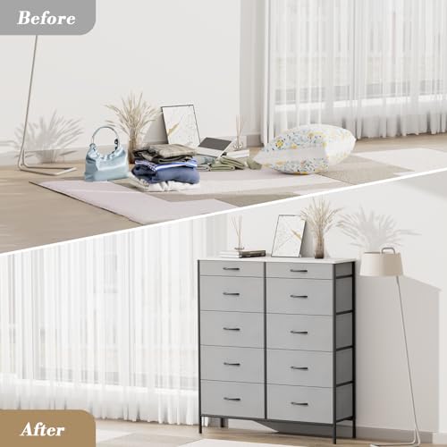 Double Dresser with 10 Drawers, TV Stand Chest of Drawers, Fabric Organizer with Metal Frame and Wooden Top K2520