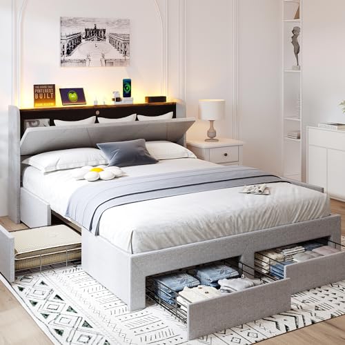 Queen Bed Frame with Storage Headboard and 4 Drawers, LED Upholstered, No Box Spring Needed O38039