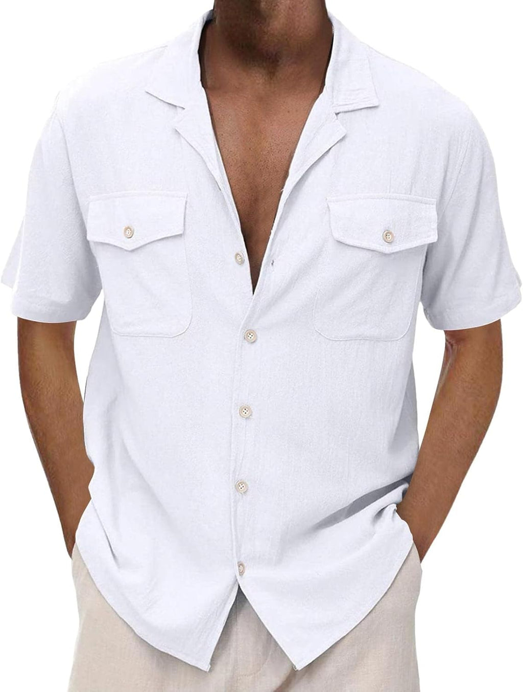 Men's Cotton Linen Cuban Guayabera Shirts Short Sleeve Button Down Hippie Tops Lapel Collar Casual Summer Beach Shirt