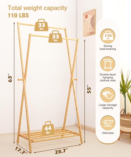 Bamboo Clothes Rack with Storage Shelf, Foldable Garment Rack V713923