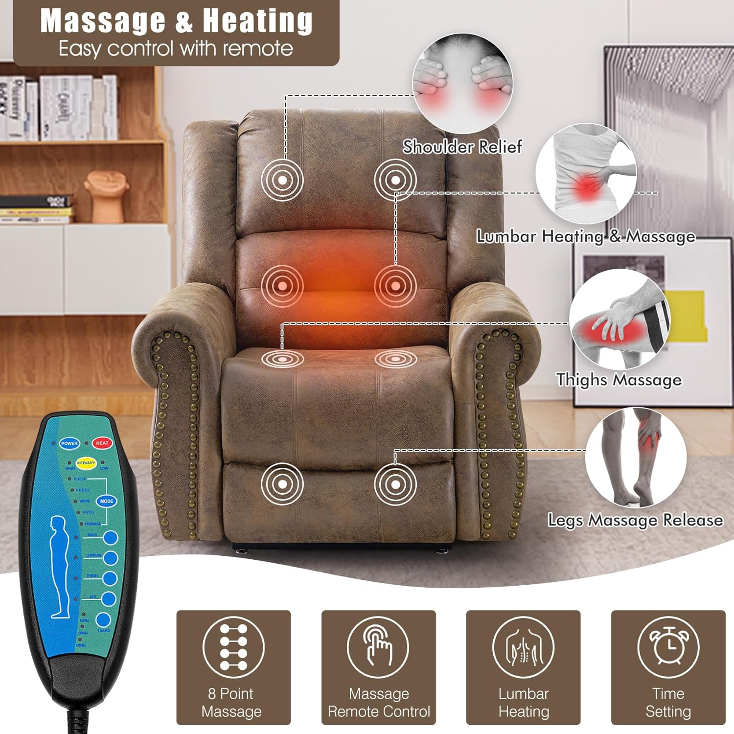 Power Lift Recliner Chair with Massage and Heat for Elderly, Light Brown Q225