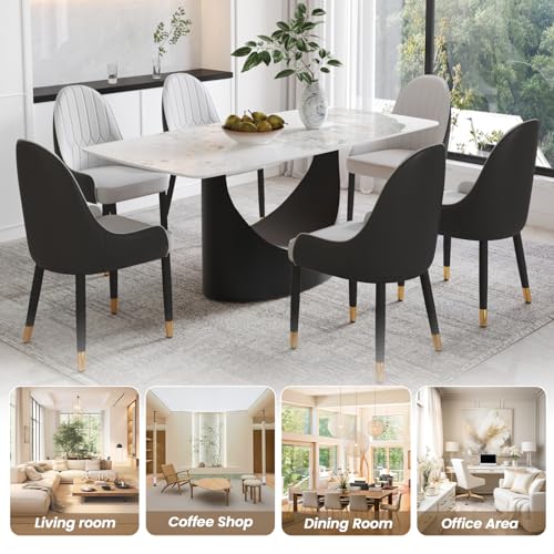 63" White Marble Sintered Stone Top Rectangular Dining Table with U-Shape Black Carbon Steel Pedestal C59820