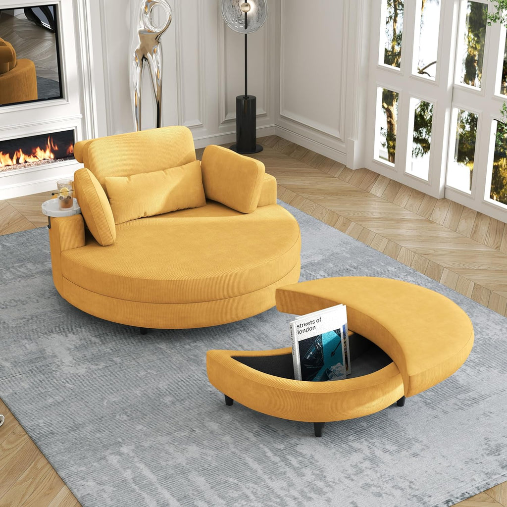 Corduroy Barrel Chair with Adjustable Headrest and Ottoman F784918