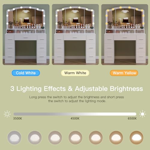 Vanity Desk with Lighted Mirror, 7 Drawers, 3 Lighting Colors, White X572