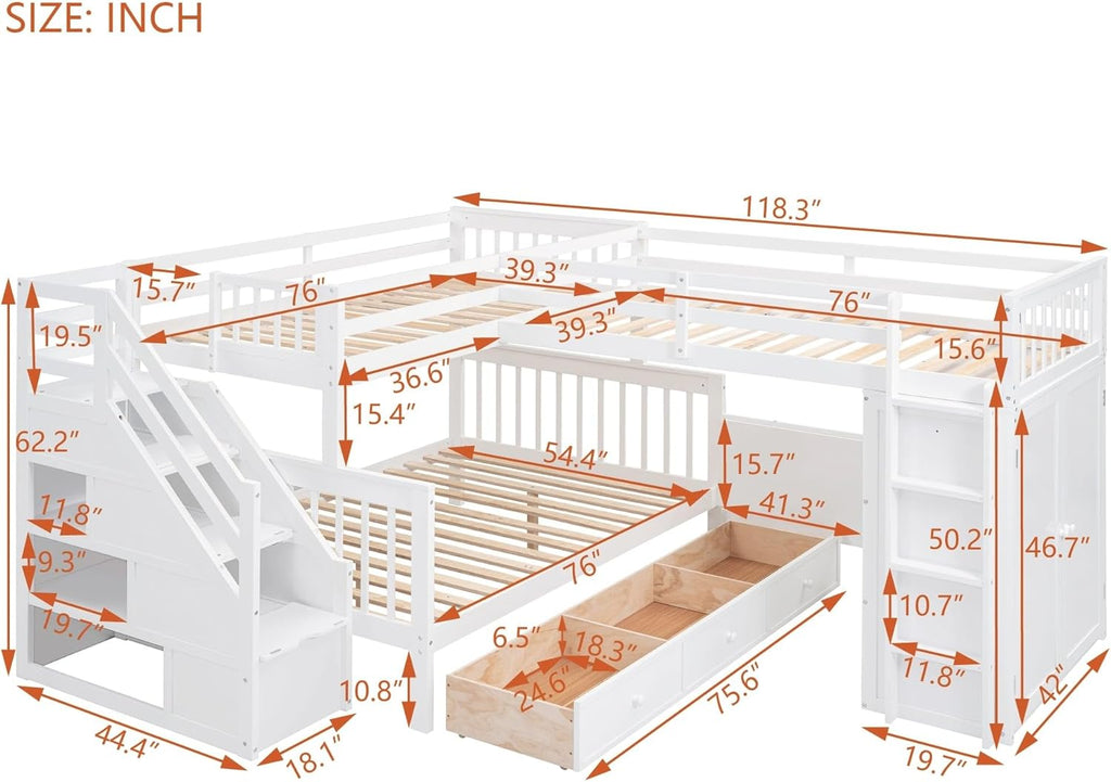 L-Shaped Bunk Bed with 3 Drawers Wardrobe and Desk I9342