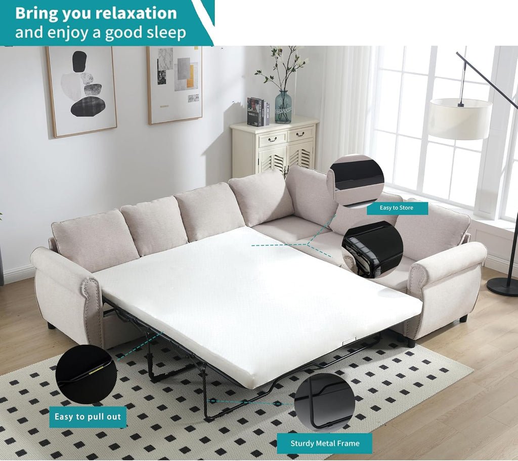 Modular Sectional Sleeper Sofa with Pull Out Bed, 6 Seater, Beige N245294