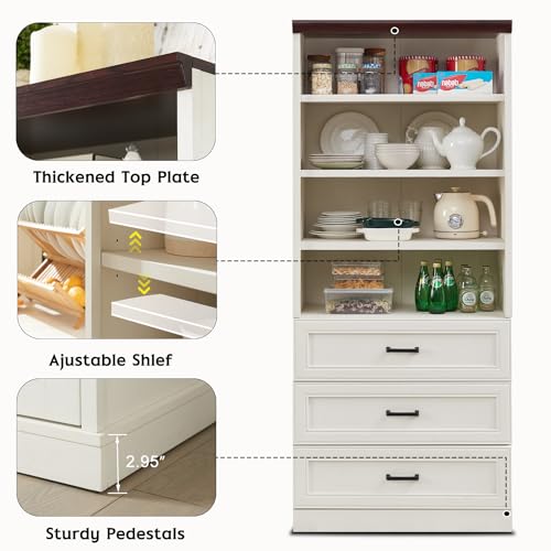 72" Tall Storage Cabinet with 3 Drawers & Adjustable Shelves, Antique White T23239