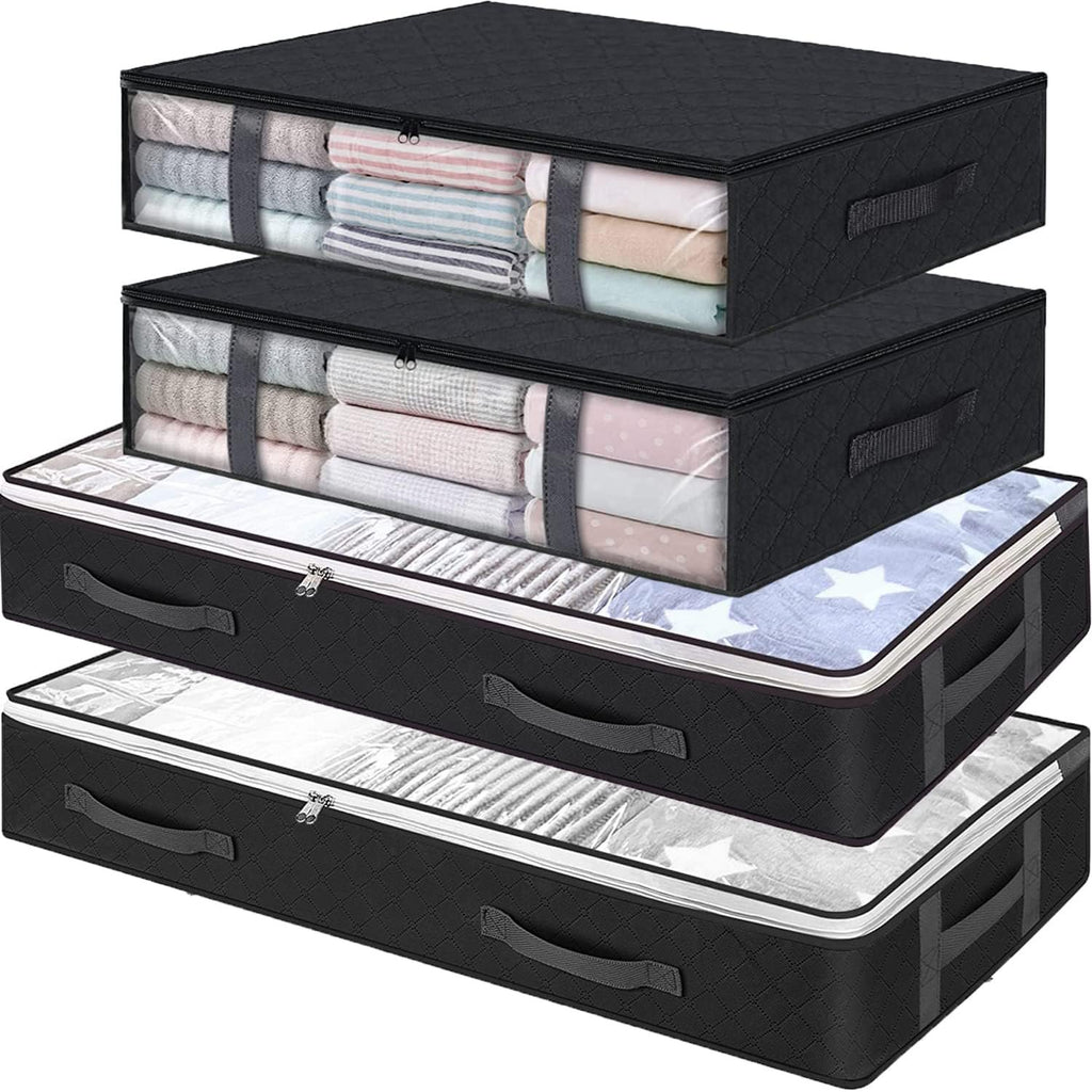Under Bed Storage Containers, 4-Pack Large Underbed Storage Bags Organizer, Thick Fabric Storage Bins with Clear Window and Handles for Blanket, Comforter, Bedding, Clothes, Black