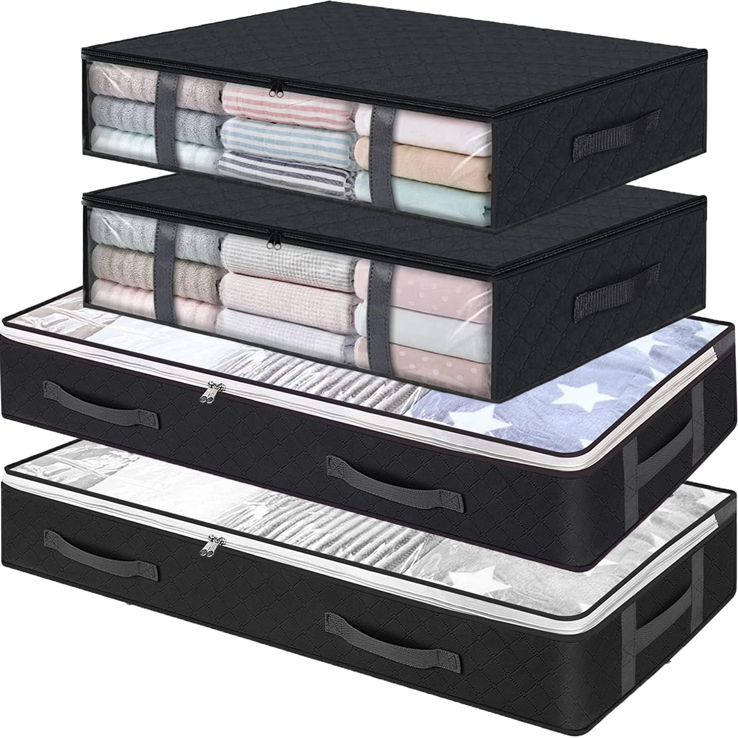 Under Bed Storage Containers, 4-Pack Large Underbed Storage Bags Organizer, Thick Fabric Storage Bins with Clear Window and Handles for Blanket, Comforter, Bedding, Clothes, Black