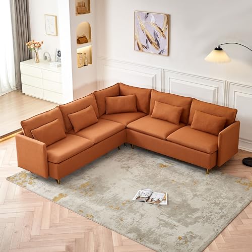 L Shaped Sectional Couch Sofa, 5 Seat Sofas with 5 Waist Pillow, Mid Century Modern Sectional Couches for Living Room, Small Apartments and Office (Beige)