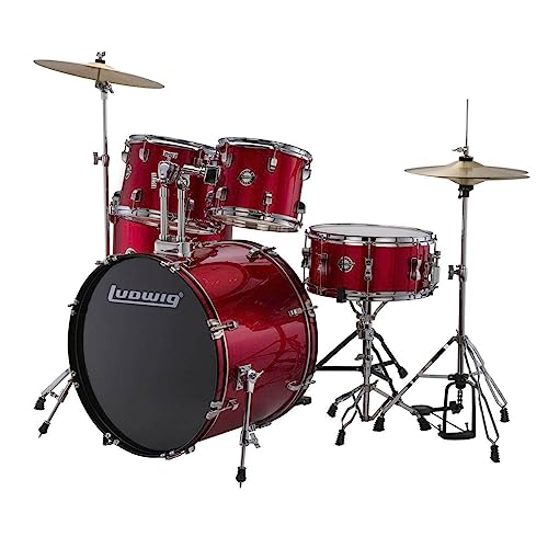 5-Piece Complete Drum Set with 22-Inch Bass Drum and Cymbals, Red Sparkle N8578