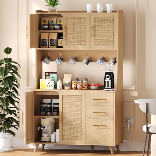 Rovaurx 70.9" Kitchen Pantry Cabinet with Microwave Shelf, Rattan Kitchen Hutch Cabinet with Charging Station, Tall Floor Cupboard Cabinet with Drawers and Doors, Black and Natural KBG002BME