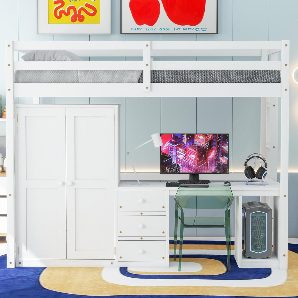 Loft Bed with Desk, Storage Drawers & Wardrobe for Kids, Solid Wood with Ladder and Safety Guardrails, White O62015