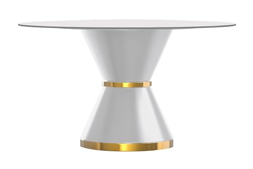 Modern Dining Table with Round Glass or Sintered Stone Top, White Steel, Seats 6-10, 60" Wide, Black G857478