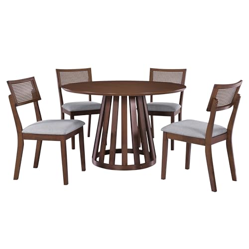 Round Dining Table Set for 4-6 with Upholstered Chairs, Walnut T359