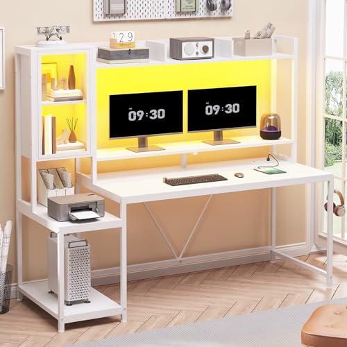 Gaming Desk with LED Lights and Storage Shelves J491627
