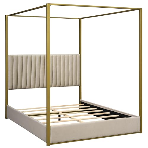 Canopy Platform Bed with Headboard and Metal Frame, Queen Size, Beige P487