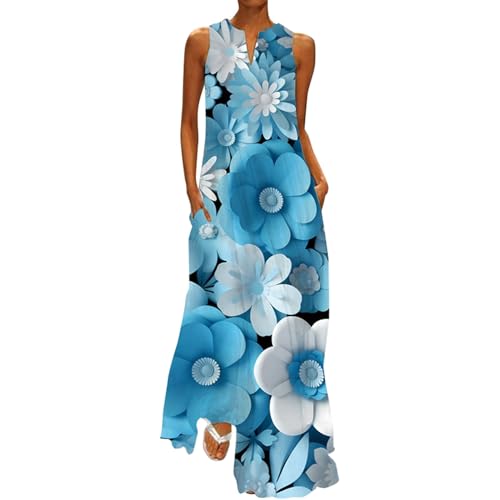 Summer Dresses for Women Trendy Boho Floral Print Cover Up Crew Neck Sleeveless Large Swing Sundresses with Pockets