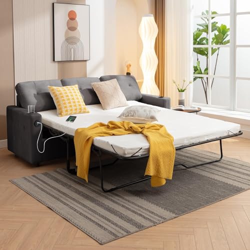 Pull Out Sofa Bed with Memory Foam Mattress, Queen, Beige R96687