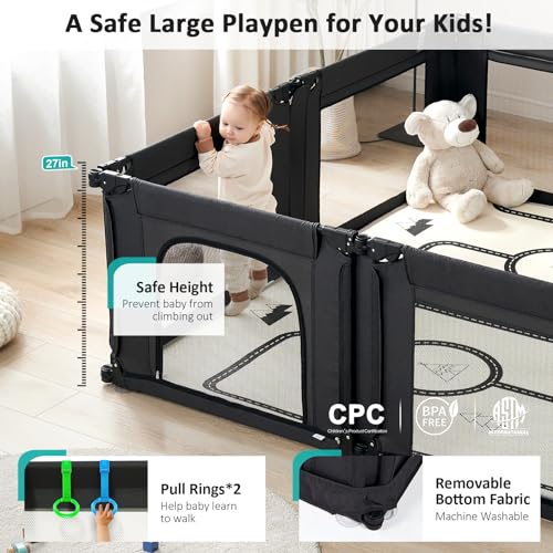Baby Playpen, Shape & Size Adjustable, Foldable with Breathable Mesh, Black T790